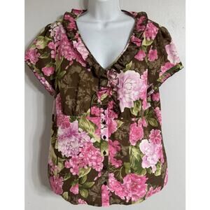 Caribbean Joe Top Blouse Women’s XL Floral Tropical Print V-Neck Ruffle Pink